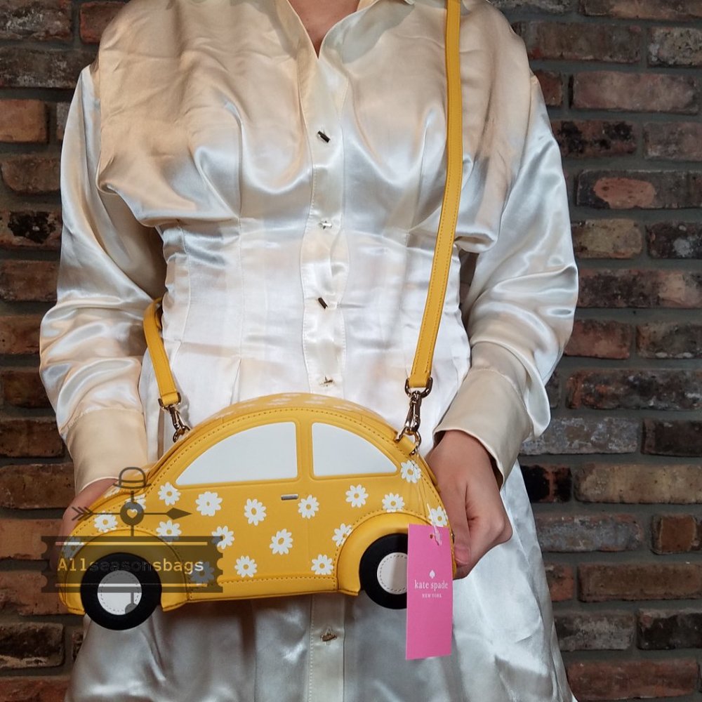 AUTHENTIC Beetle Kate Spade beep beep car crossbody bag yellow multi white NWT - Picture 6 of 12
